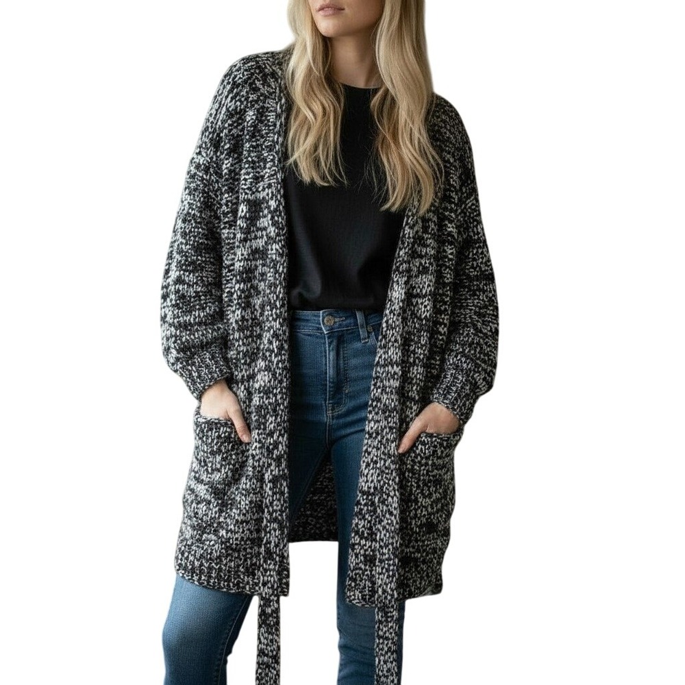 Vertigo Paris Womens Cardigan Sz M Black‎ Marbled Knit Sweater Belted Lagenlook